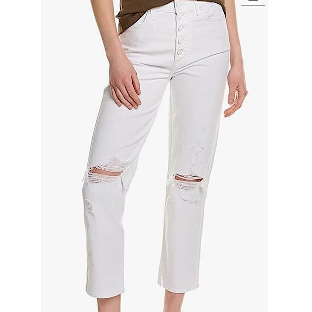 7 For All Mankind White High Waist Straight Distressed Jeans